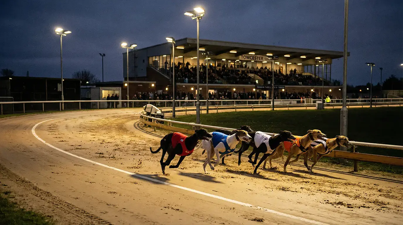 Greyhounds sprinting around the first bend during an evening race at Towcester stadium