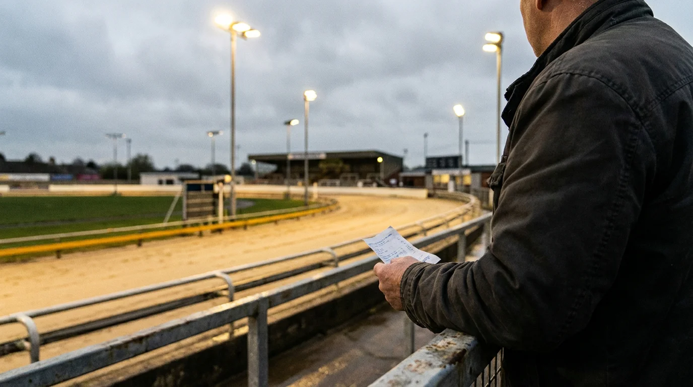 Punter holding a betting slip beside a greyhound track railing before a race