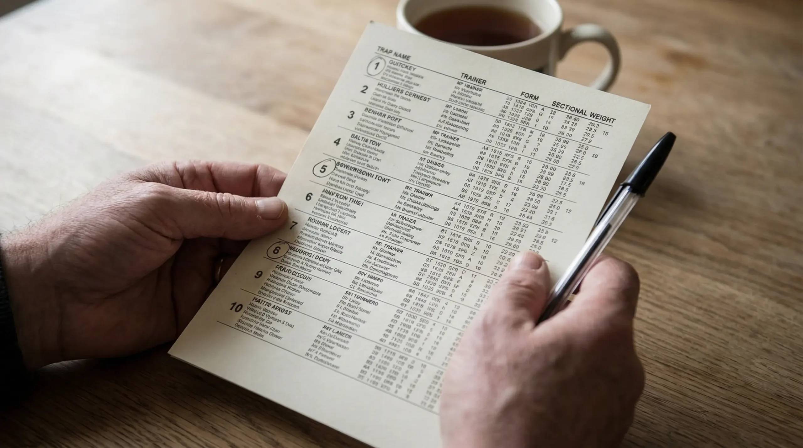 Close-up of a printed greyhound racecard showing trap numbers, form figures and sectional times