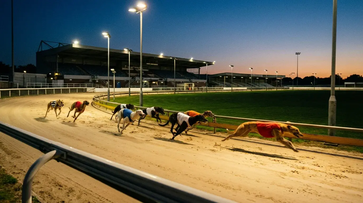 Greyhound racing at a UK stadium under floodlights