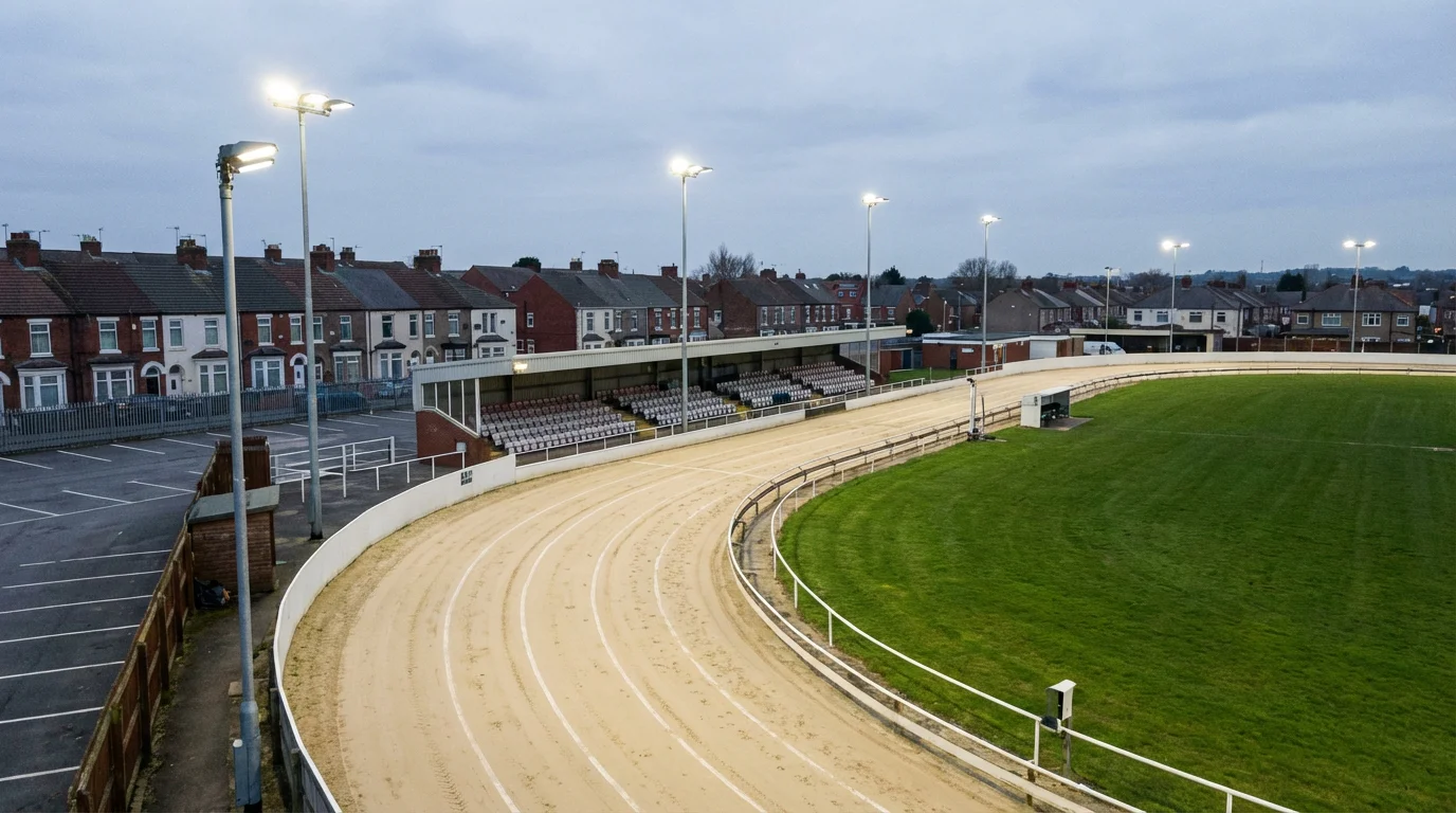 Licensed UK greyhound racing stadium with sand oval track and floodlights at dusk