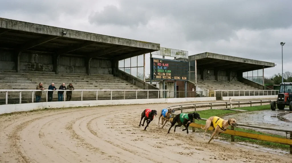 Daytime greyhound racing at a UK BAGS meeting with empty stands and running dogs