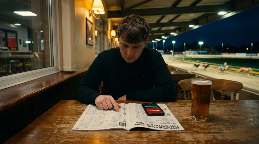 Bookmaker screen showing best odds guaranteed promotion for UK greyhound racing