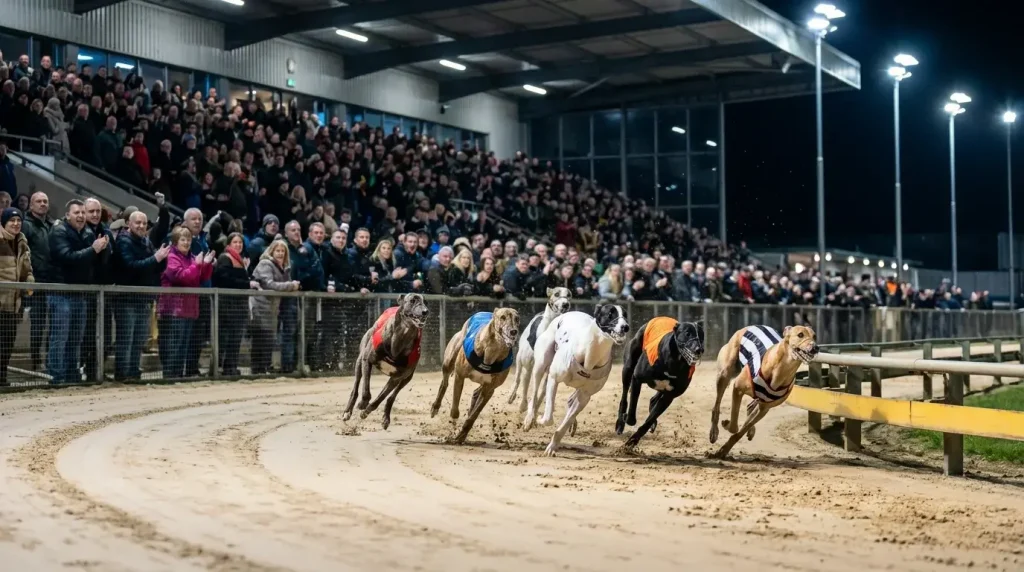 Greyhounds racing in the final of the English Greyhound Derby at Towcester