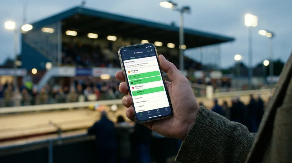 Multiple greyhound race results listed on a betting screen for an accumulator bet