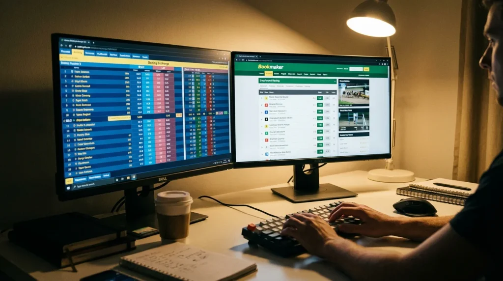 Split screen comparing a betting exchange interface and a traditional bookmaker for greyhound racing