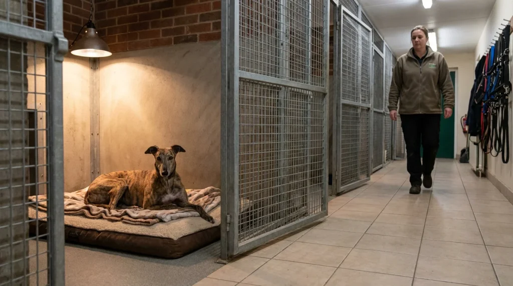Female greyhound in racing kennel with racecard season notation visible