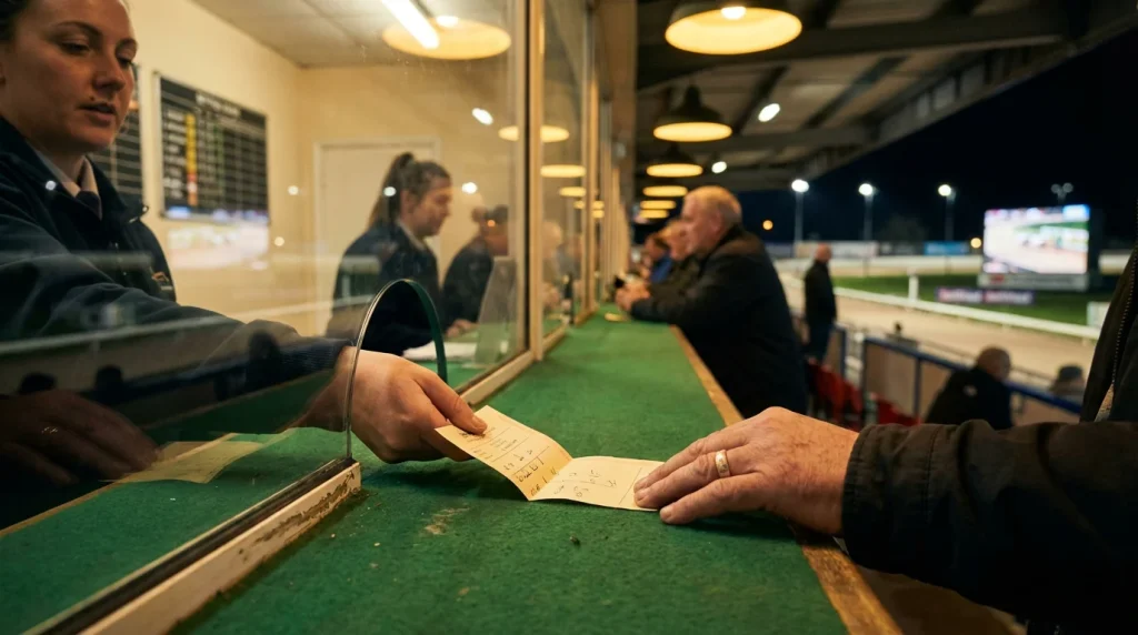 Betting slip showing an each-way bet on a UK greyhound race