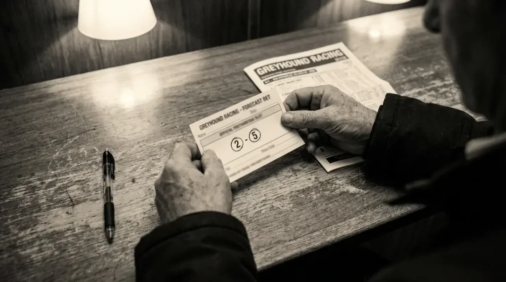 Greyhound racecard showing two dogs selected for a forecast bet