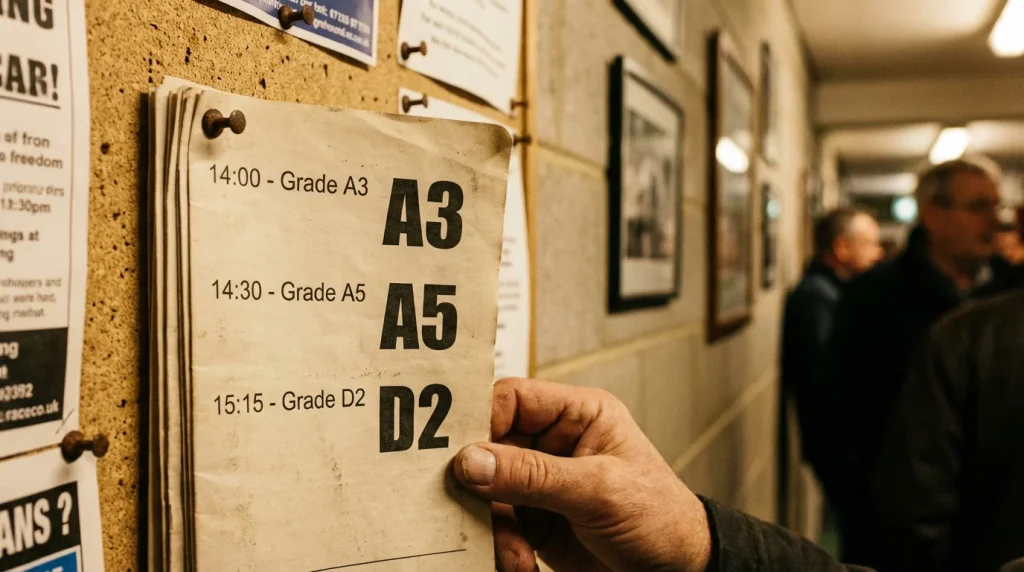Greyhound racing classification board showing graded race classes at a UK stadium