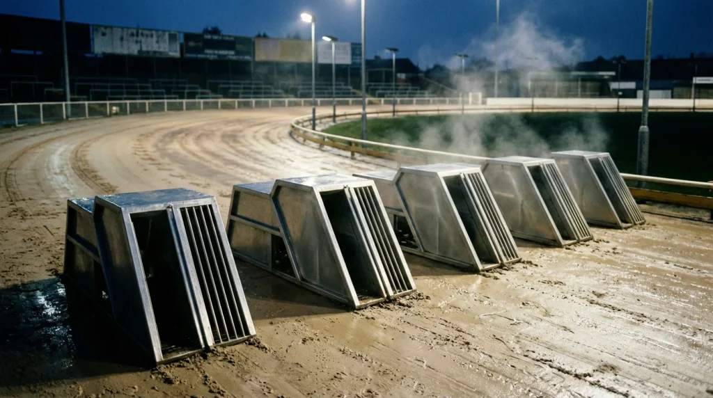 Staggered starting traps at a UK greyhound handicap race