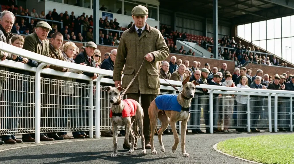 Young greyhound puppies being paraded before a puppy derby trial at a UK stadium