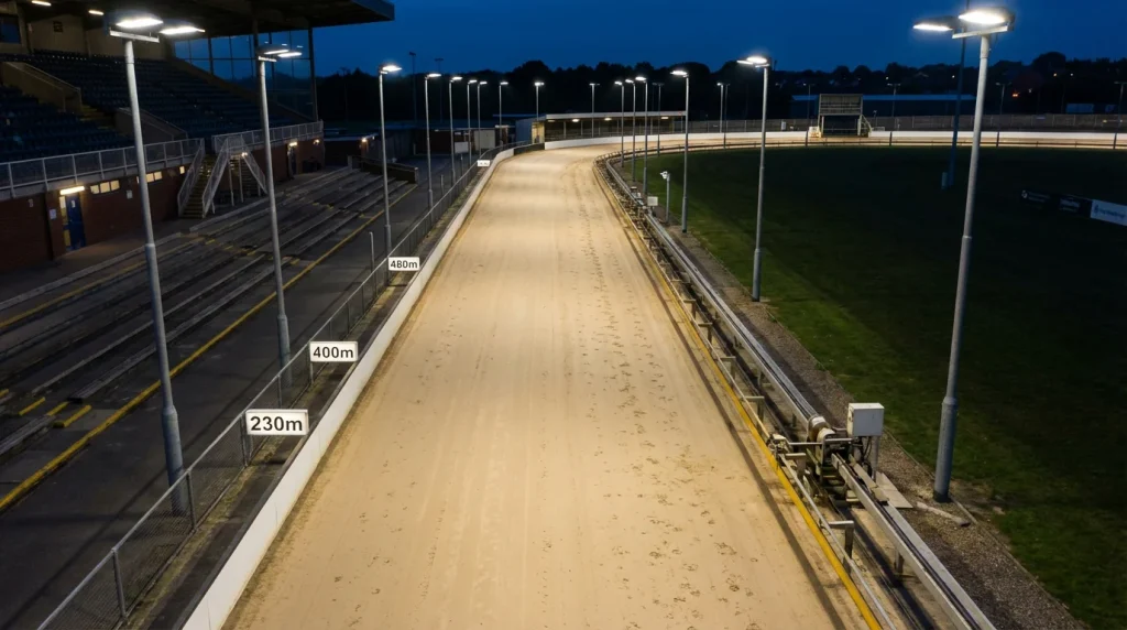 Greyhound track showing distance markers for sprint and standard races