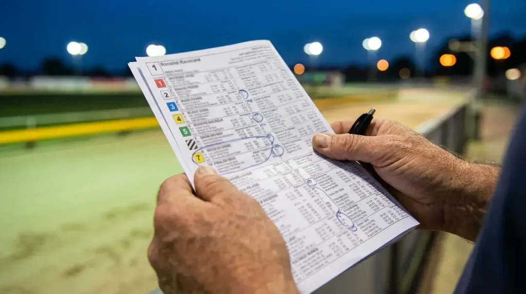 Greyhound racecard with trap draw, form lines and sectional times