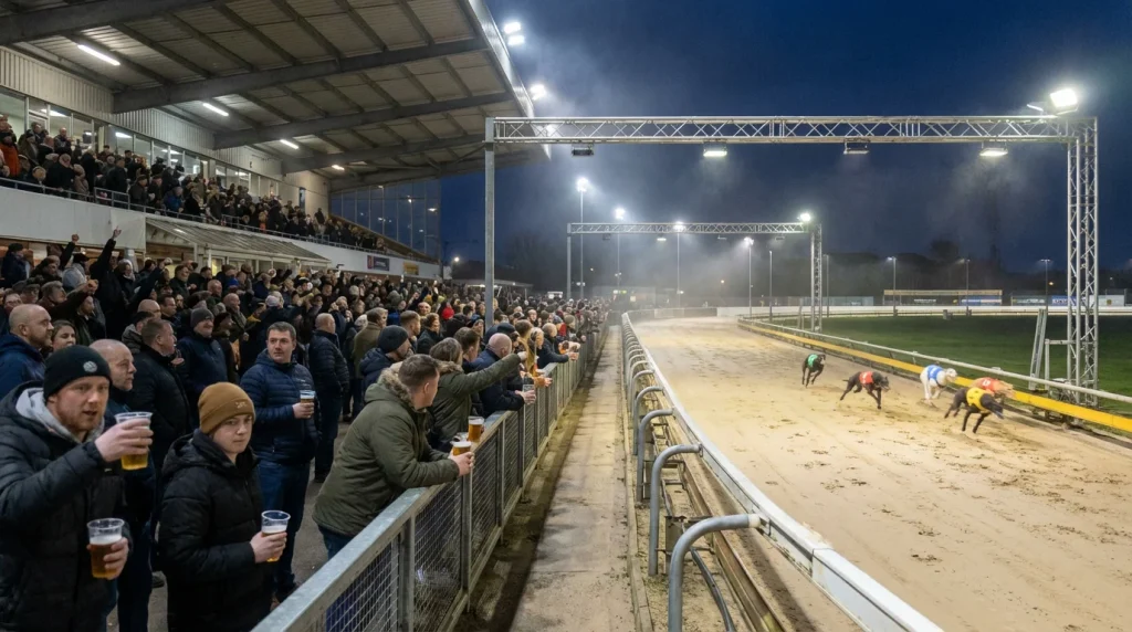 Crowd watching greyhound racing under floodlights at a UK stadium on a night out