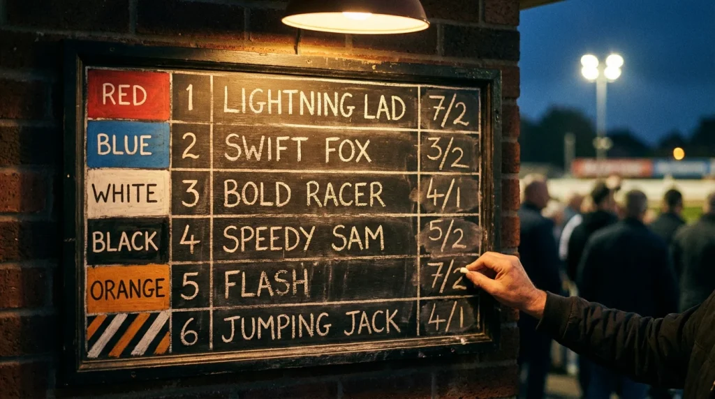 Greyhound racing odds board at a UK track showing fractional prices