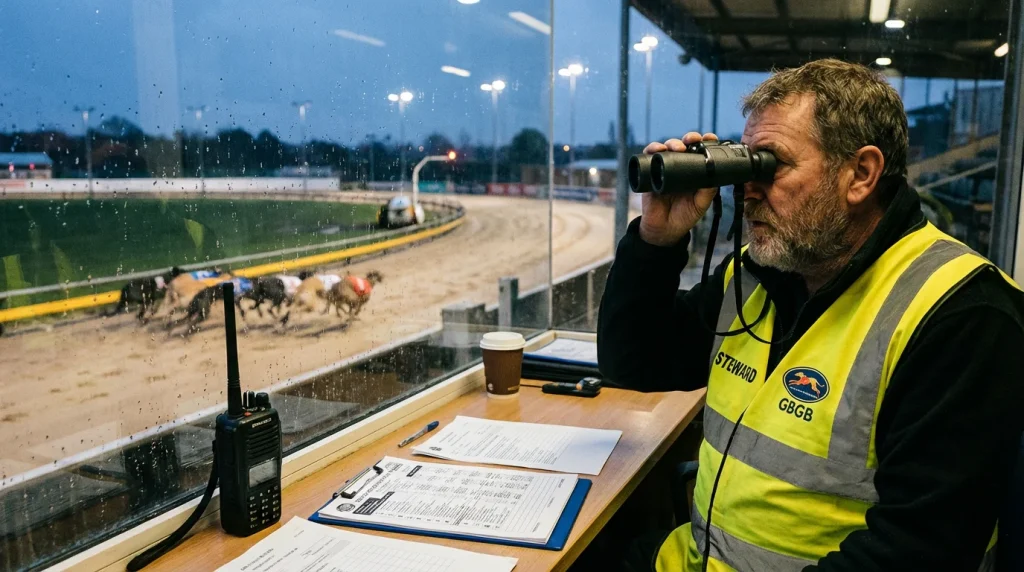 GBGB steward overseeing race procedures at a licensed UK greyhound stadium