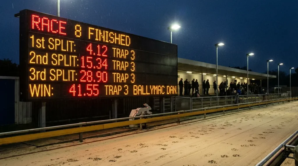 Digital timing display showing sectional split times at a UK greyhound track