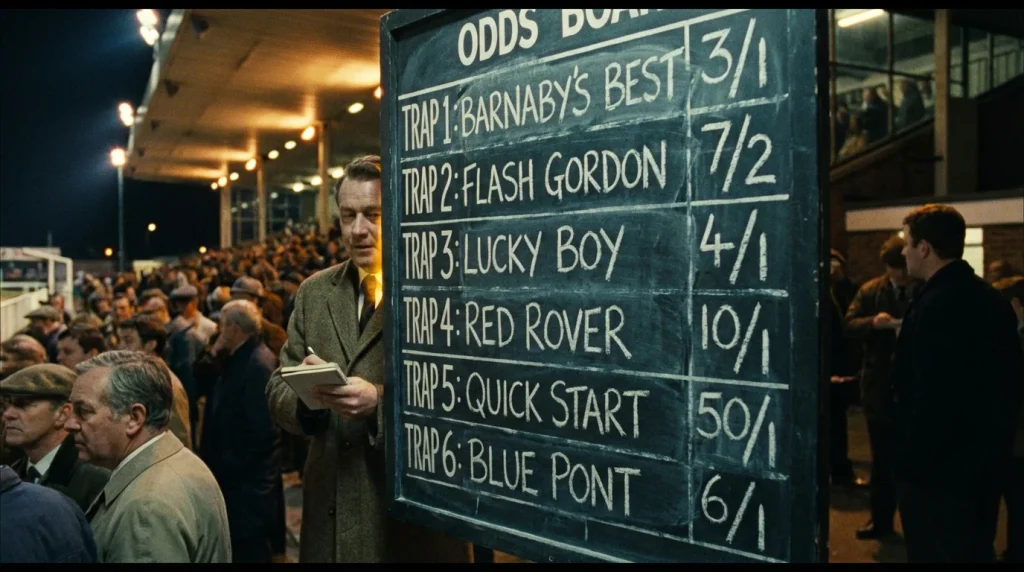 Greyhound racing odds board showing starting prices at a UK track