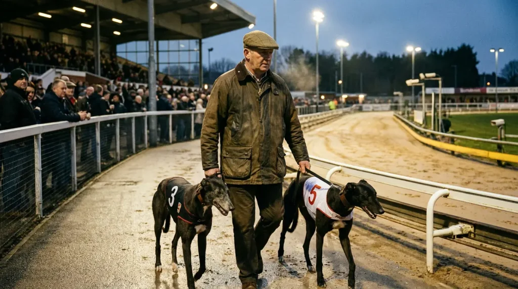 Greyhound trainer walking dogs in the parade ring at a UK racing stadium