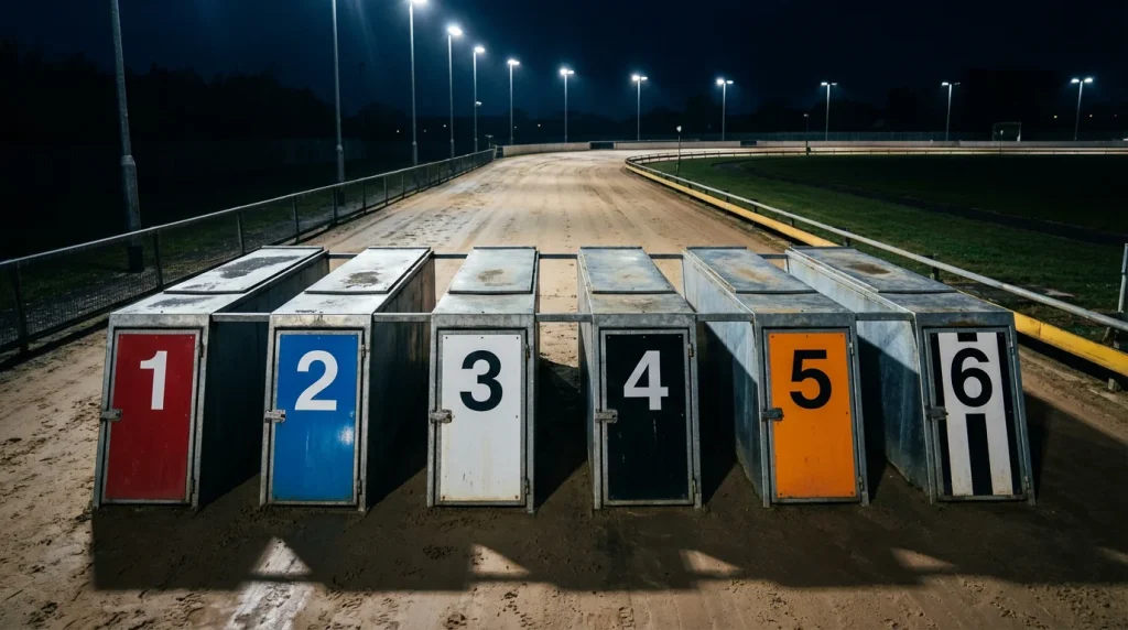 Six greyhound trap numbers displayed on a betting board for a trap challenge market