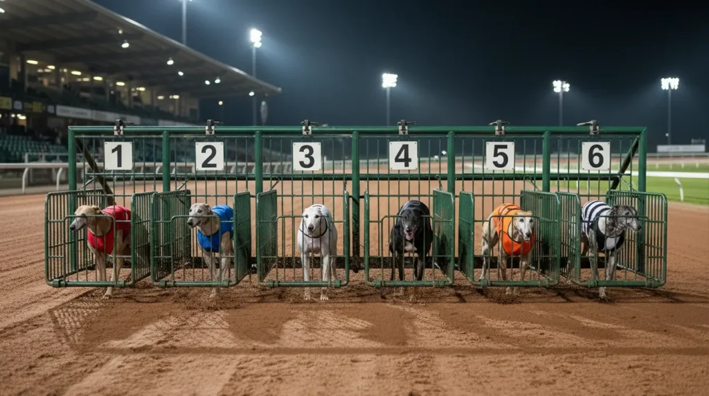 Six greyhound racing traps with coloured jackets ready for a UK race