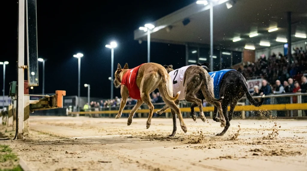 Three greyhounds racing in finishing order at a UK greyhound track