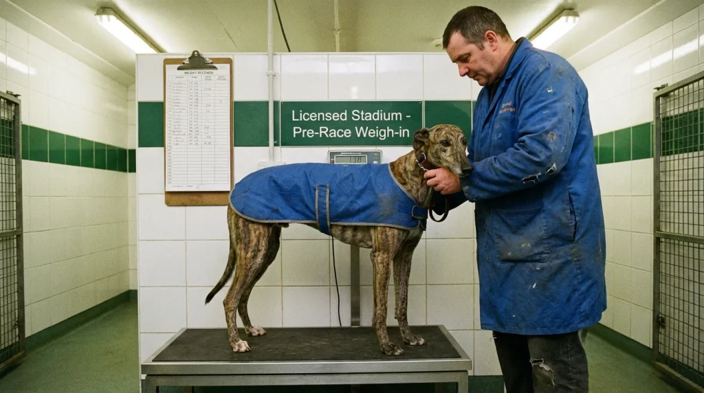 Greyhound being weighed on scales before a race at a UK licensed stadium