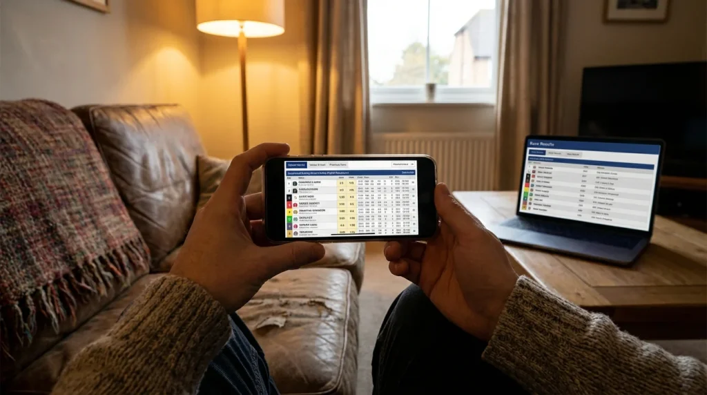 Smartphone showing a UK bookmaker greyhound racing betting interface