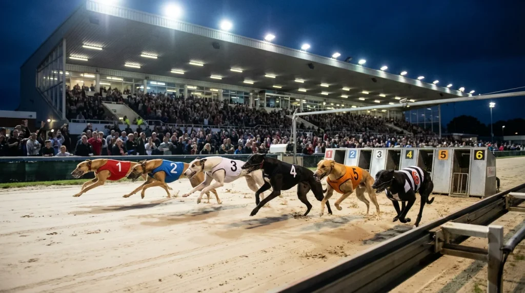 Greyhound Derby final with racing dogs sprinting past the finish line at a packed stadium