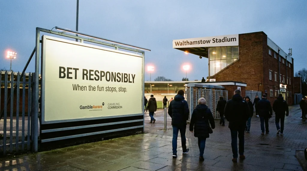 Responsible gambling information display at a UK greyhound racing stadium