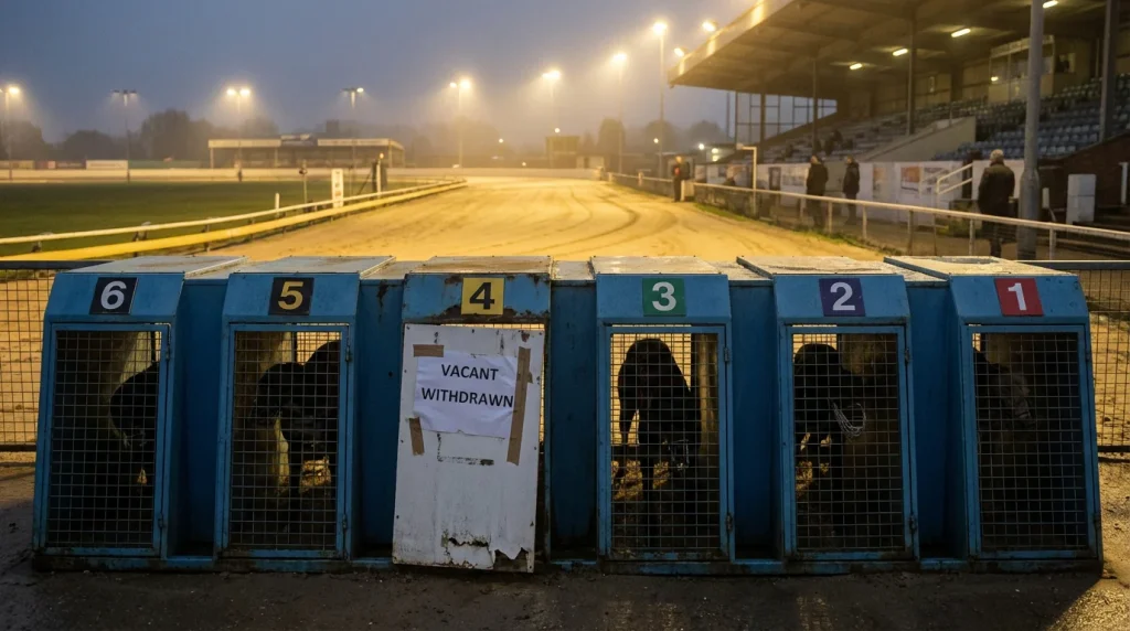 Greyhound race starting traps with one empty trap indicating a withdrawn runner