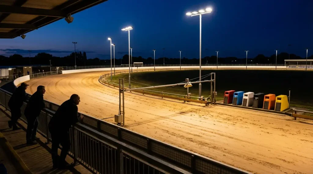 UK greyhound track with floodlit oval circuit and sand surface