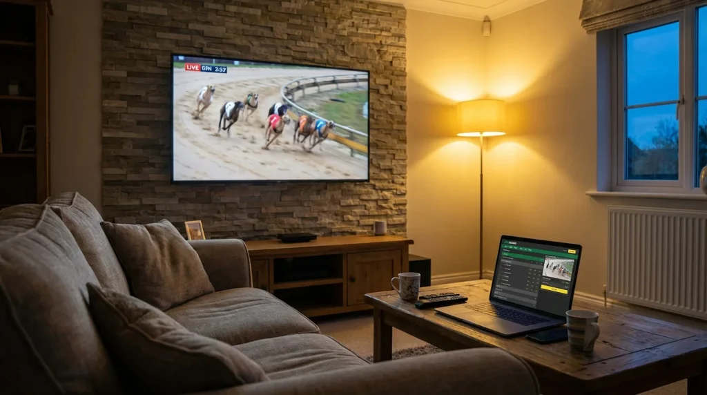 Live greyhound race being streamed on a laptop and TV screen